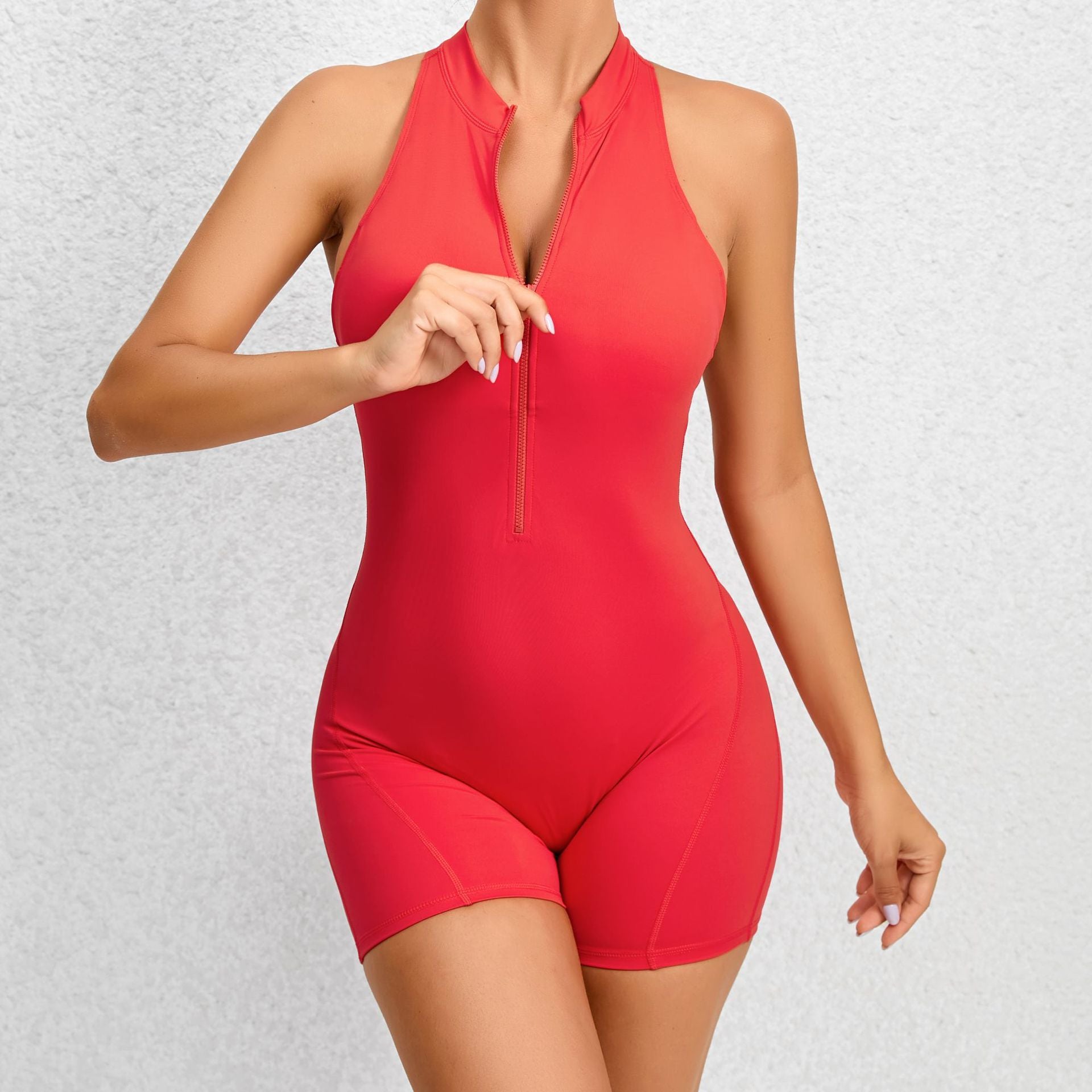 Combinaison short de yoga gainante à fermeture éclair