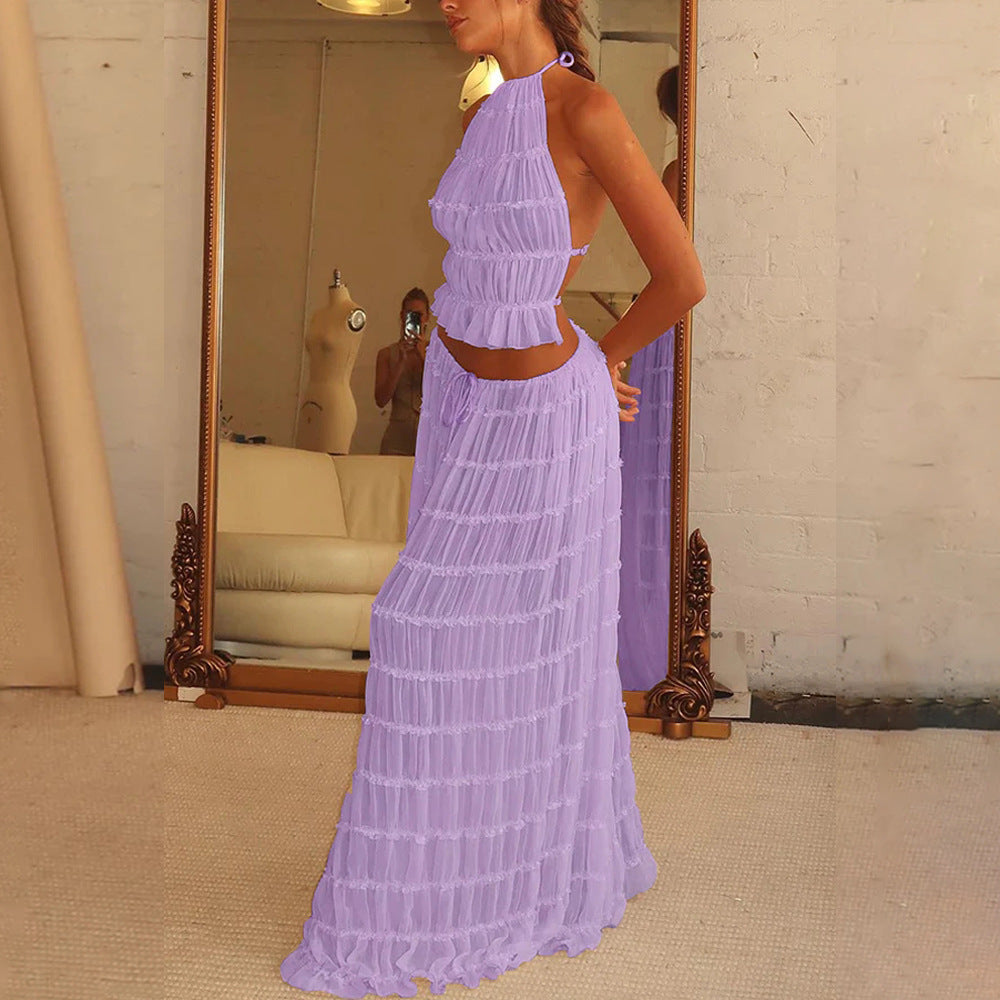 2pcs Halter Top & Pleated Skirt Set