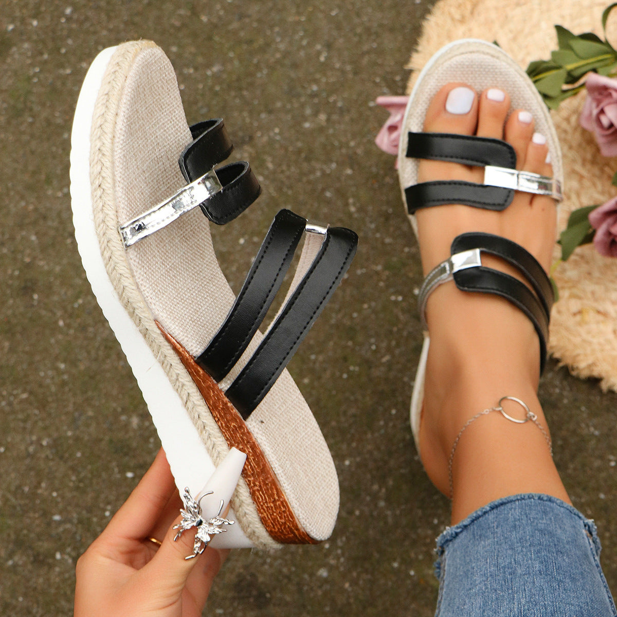 Colorblock Wedge Hemp Heel Sandals