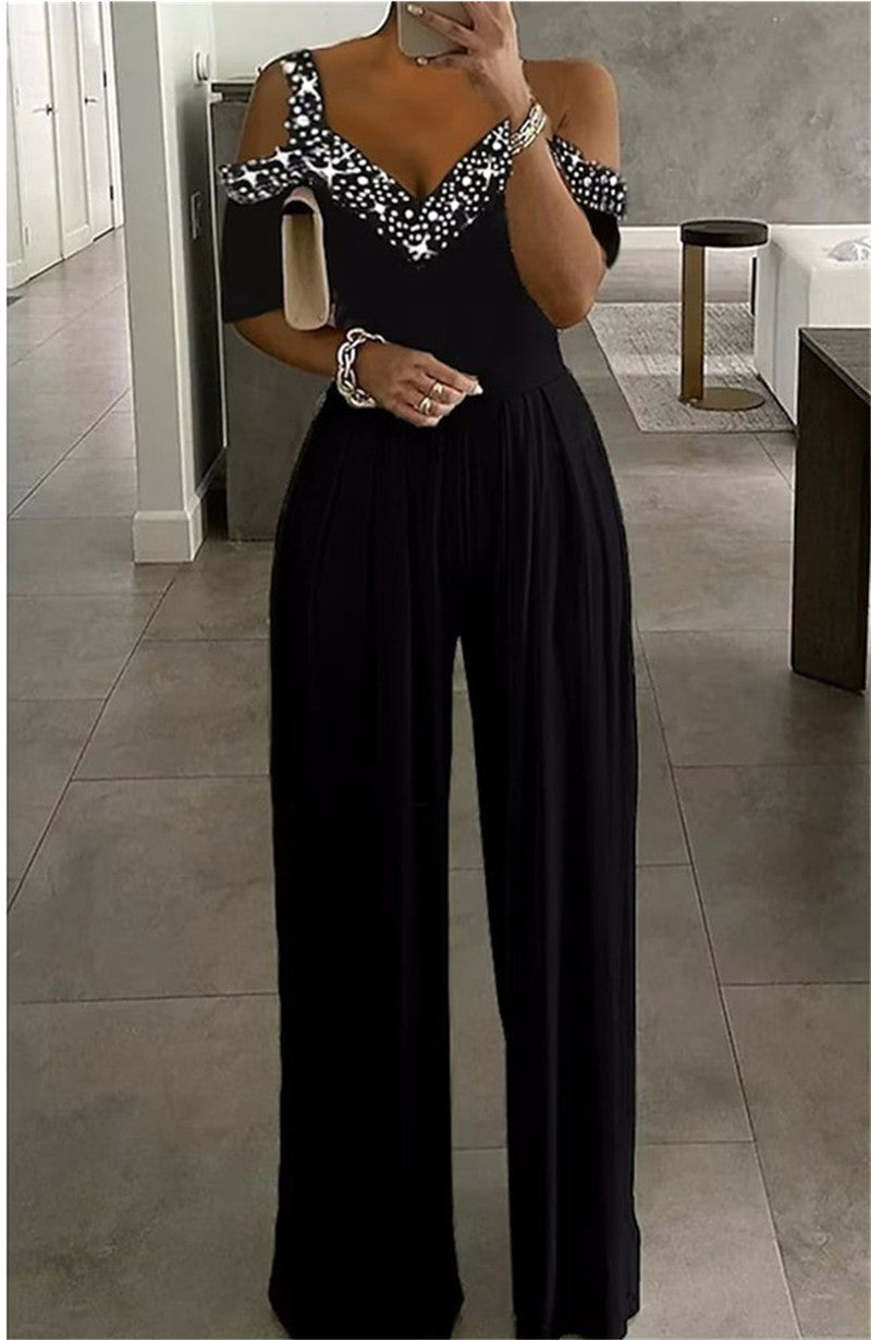Neckholder-Jumpsuit mit weitem Bein und V-Ausschnitt