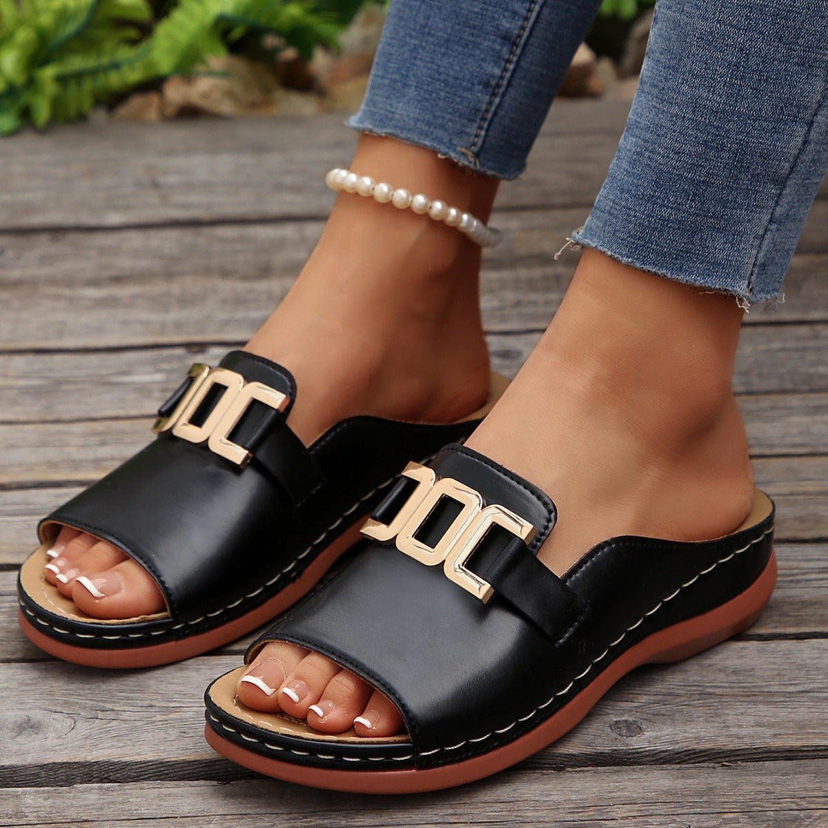 Chain Platform Wedge Peep-Toe Sandals