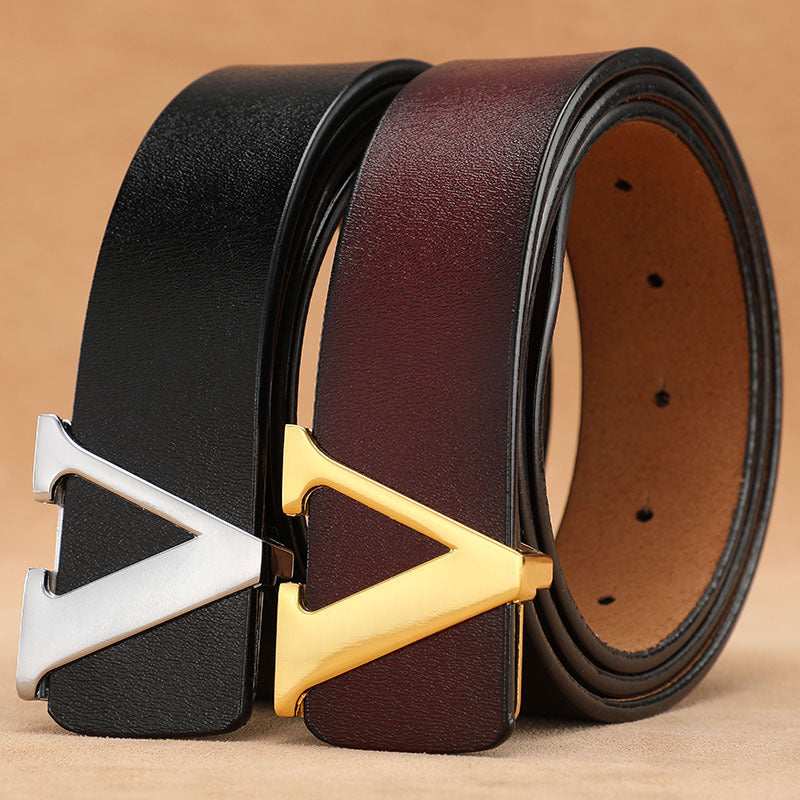 Ceinture de pantalon rétro en cuir véritable avec lettre V
